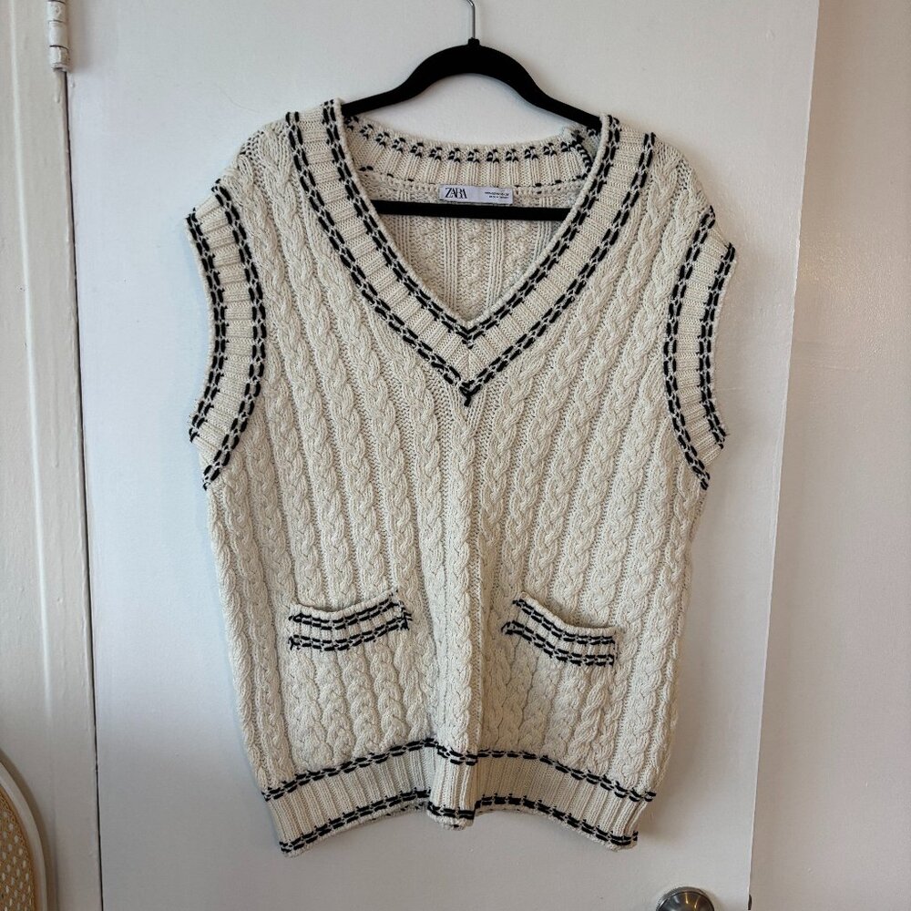 Zara Cream and Black Cable Knit Sweater Vest